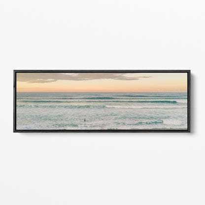 Duranbah surfers sunset panoramic black framed canvas