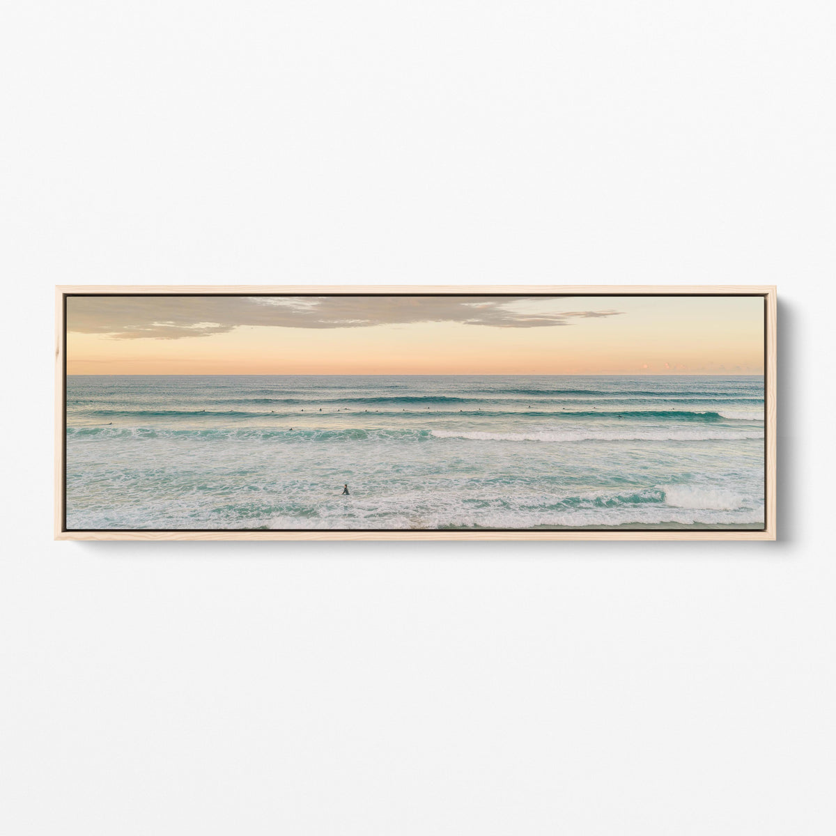 Duranbah surfers sunset panoramic oak framed canvas
