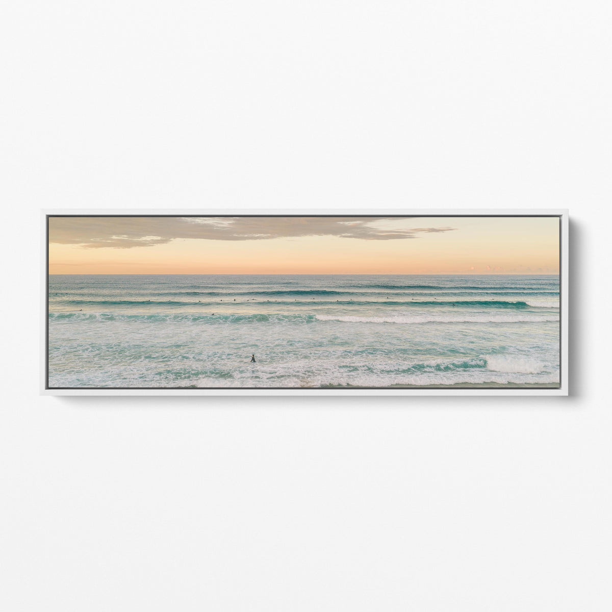 Duranbah surfers sunset panoramic white framed canvas