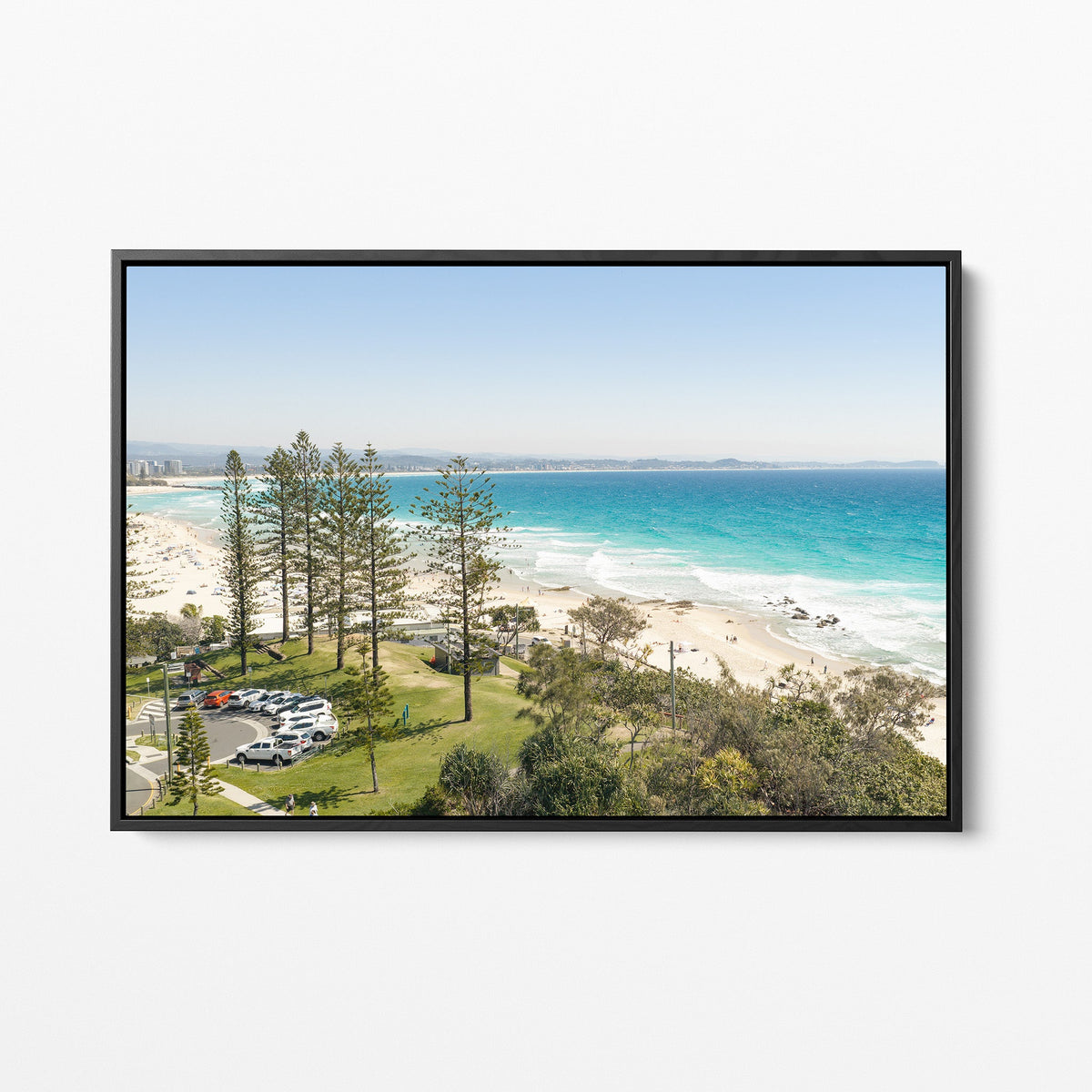 Snapper Rocks point black framed canvas