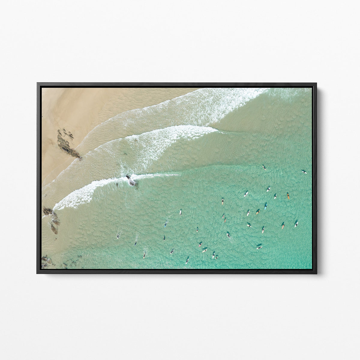 Snapper Rocks surfers black framed canvas