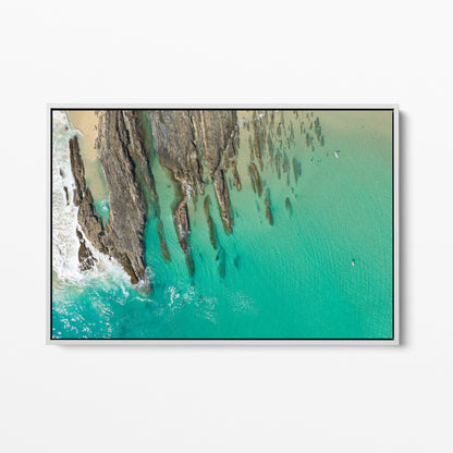 Snapper Rocks fishing rocks white framed canvas