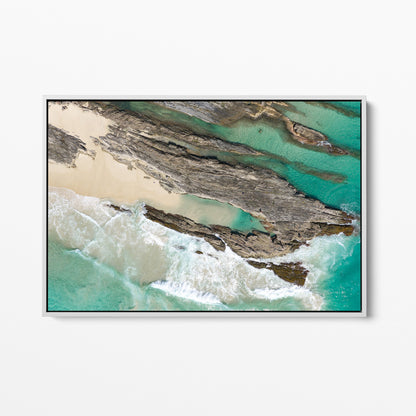Snapper Rocks coastal rocks white framed canvas