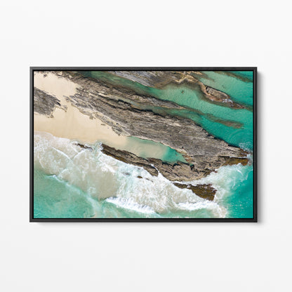 Snapper Rocks coastal rocks black framed canvas
