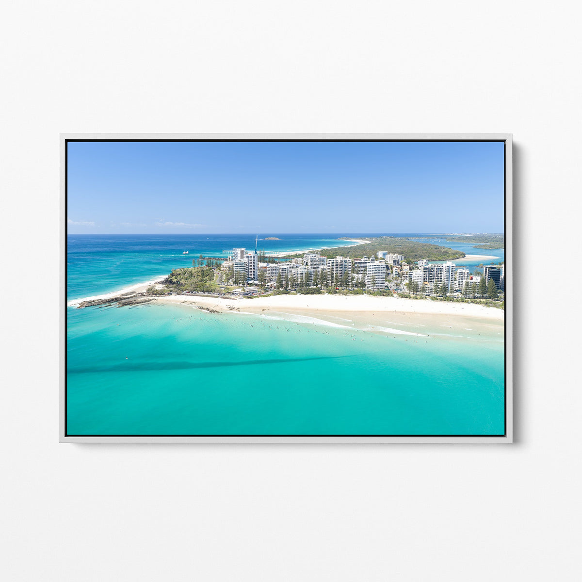 Snapper Rocks skyline white framed canvas