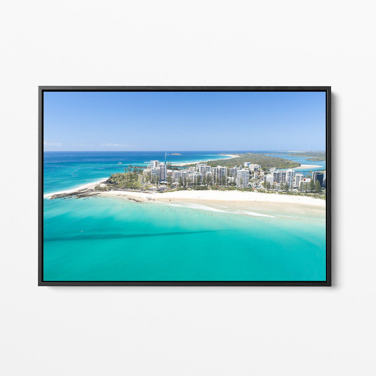 Snapper Rocks skyline black framed canvas