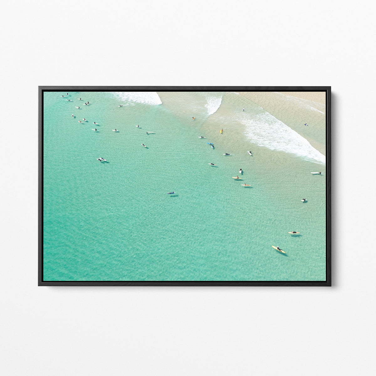 Snapper Rocks surfers aerial black framed canvas