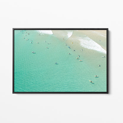 Snapper Rocks surfers aerial black framed canvas