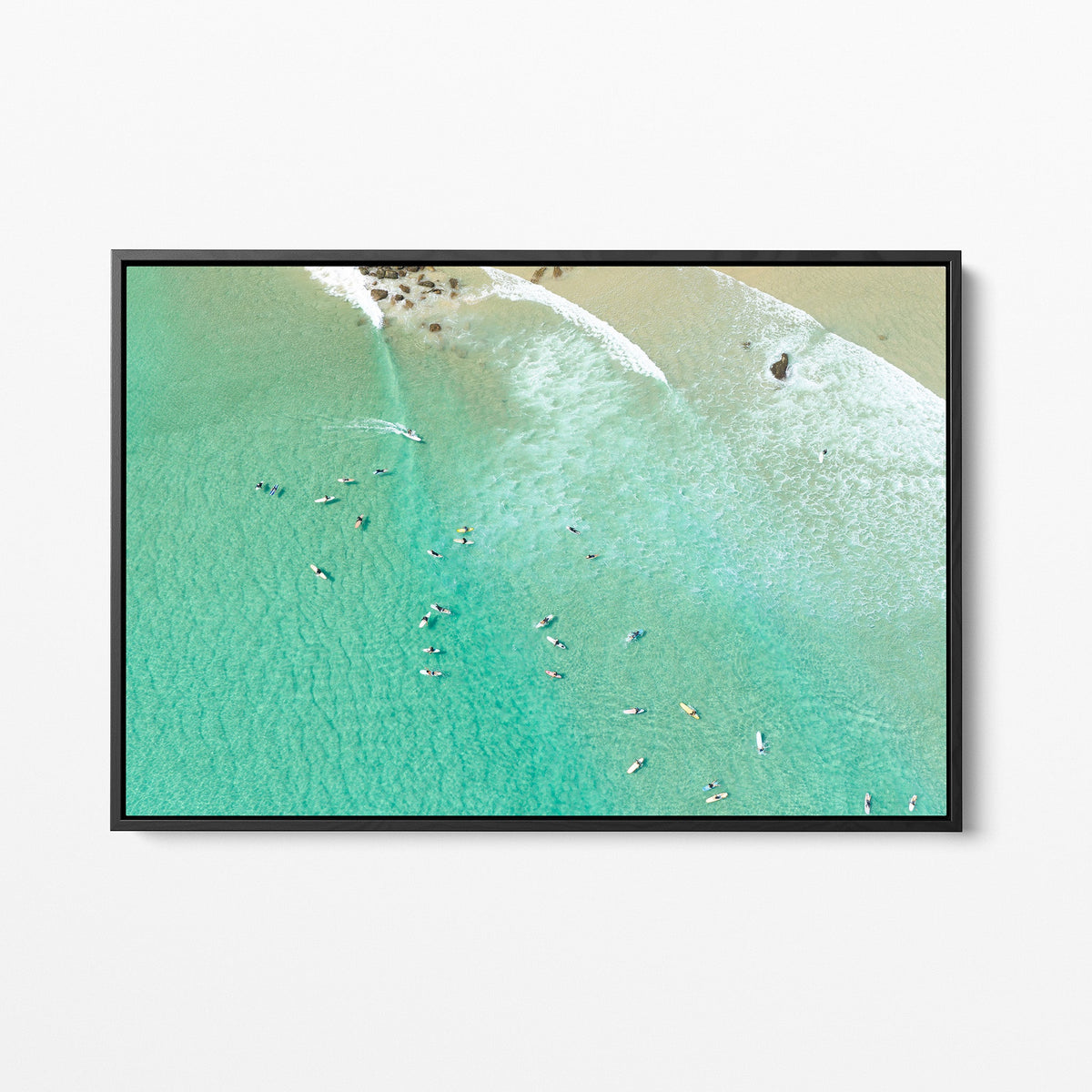 Snapper Rocks surf lineup black framed canvas