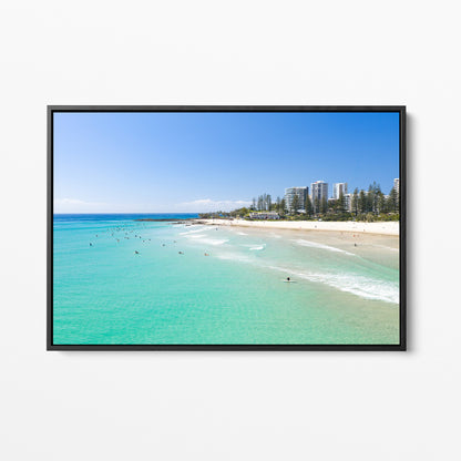 Snapper Rocks surfers skyline black framed canvas