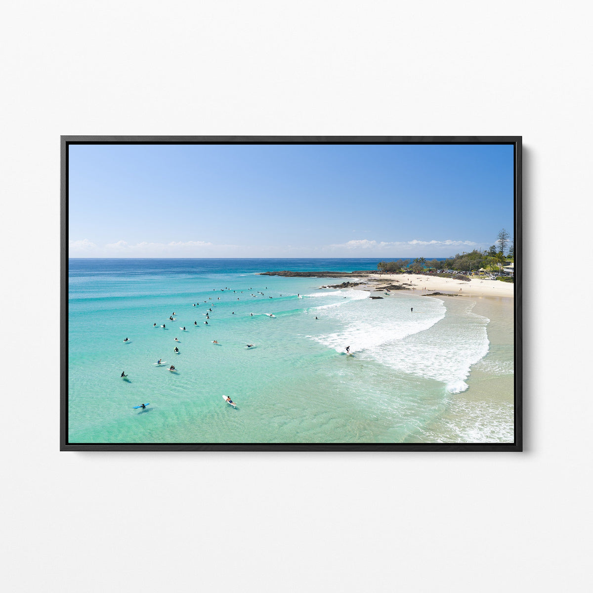 Snapper Rocks surfers II black framed canvas