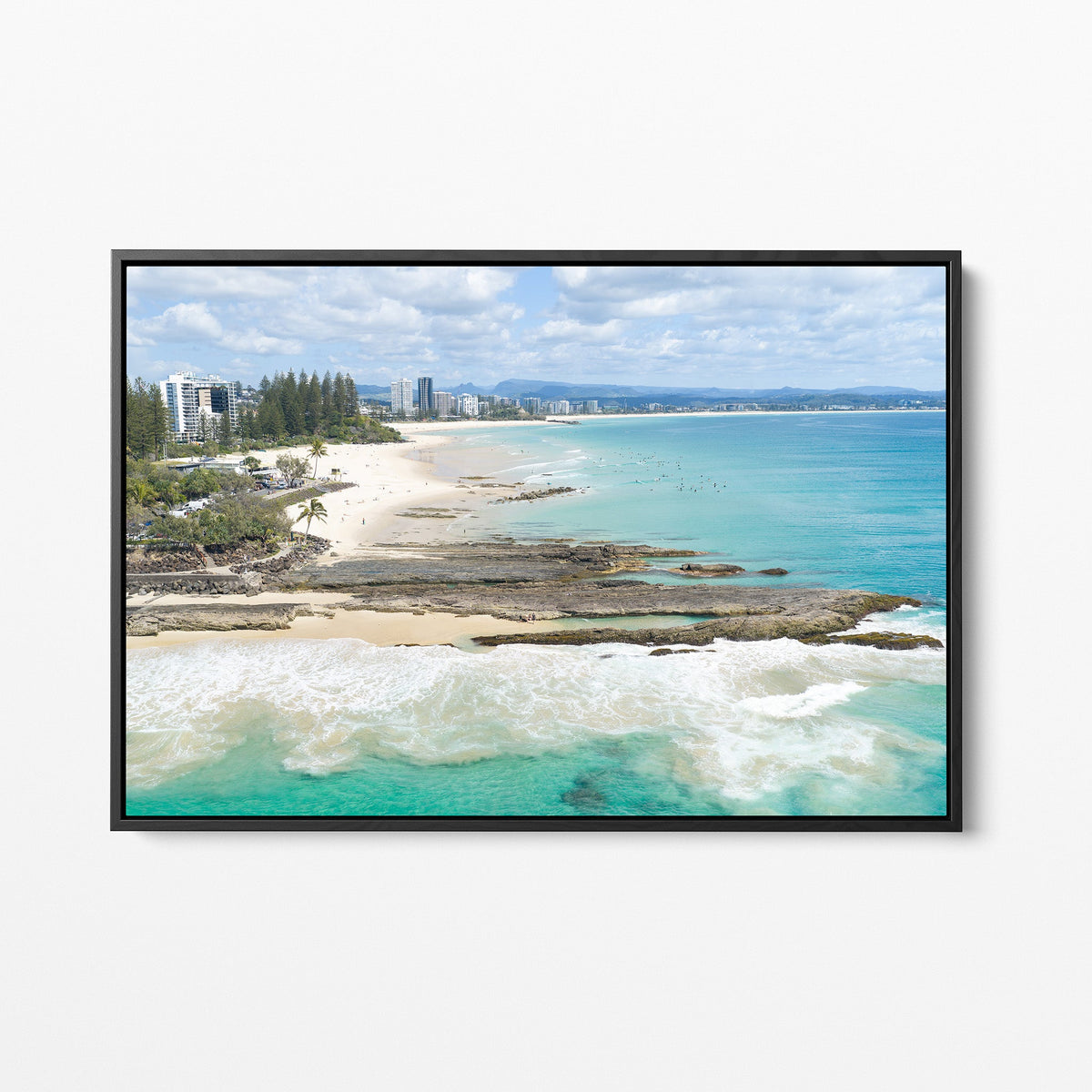 Snapper Rocks beach black framed canvas