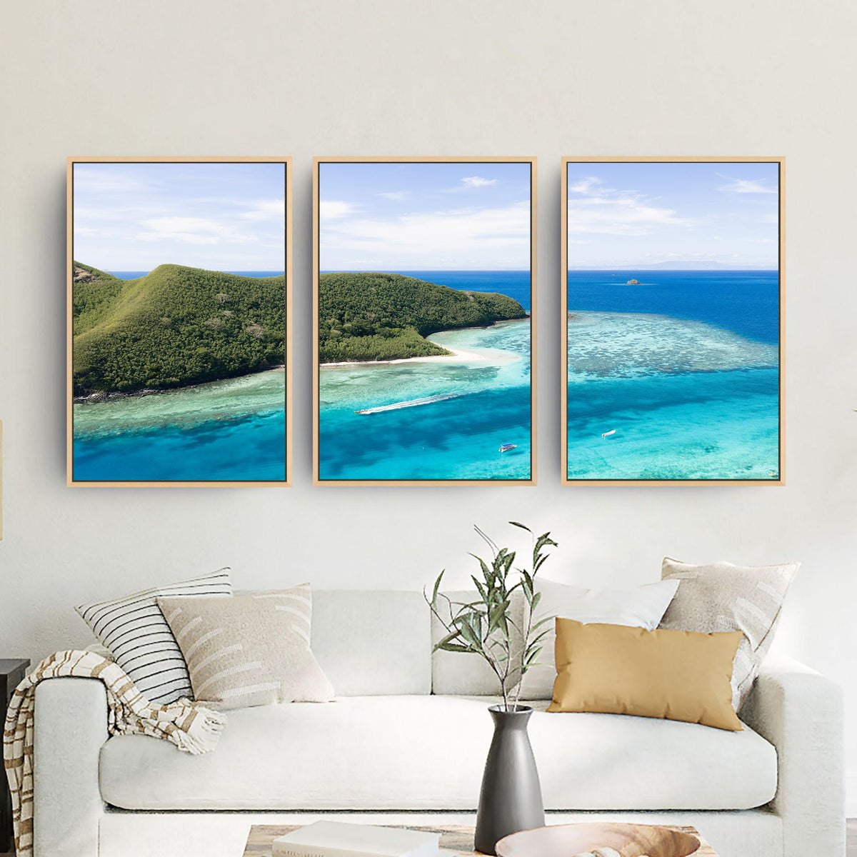 Fiji three piece canvas wall art in living room