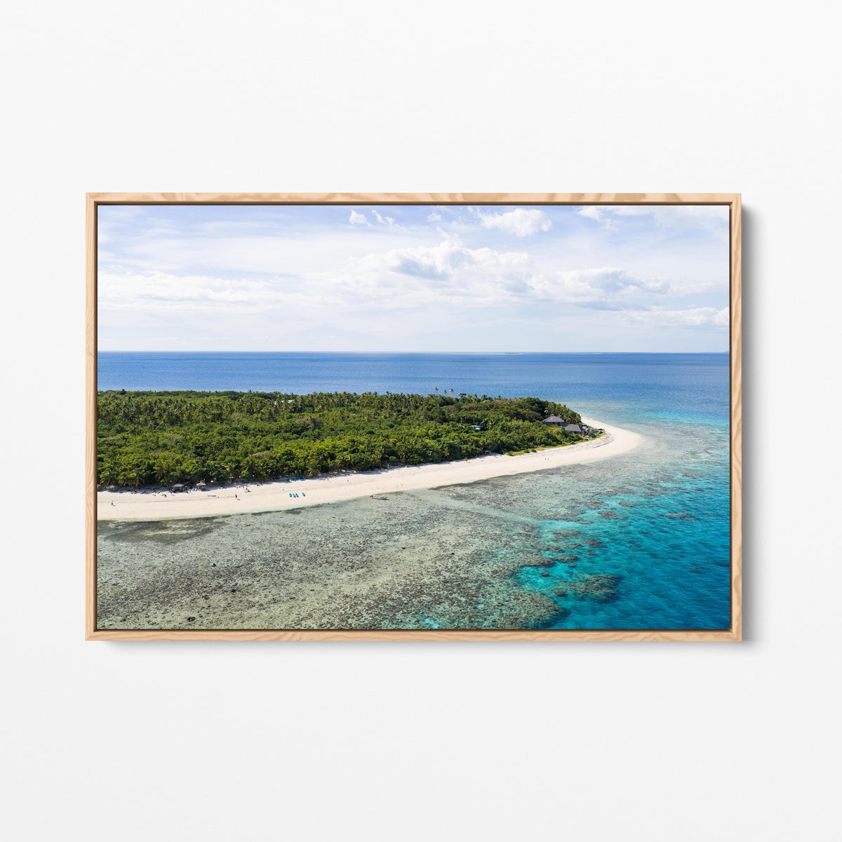 Serenity Island reef flat and sand spit in Fiji in an oak frame