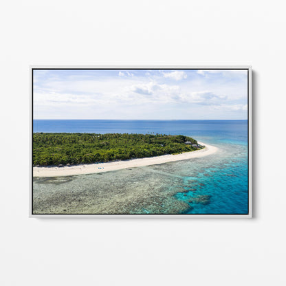 Serenity Island reef flat and sand spit in Fiji in a white frame