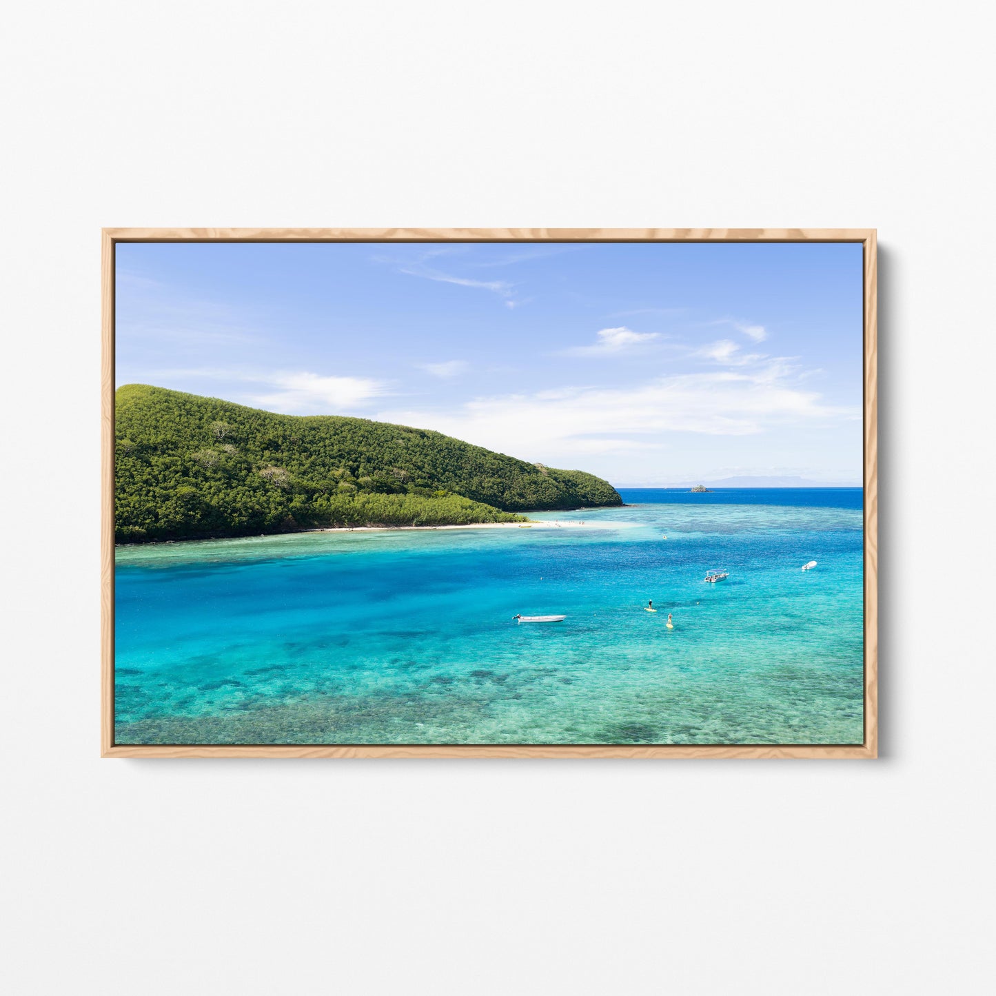 Manta Ray Island above its turquoise lagoon in Fiji in an oak frame