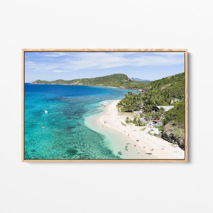 The resort beach at Manta Ray Island in Fiji in an oak frame
