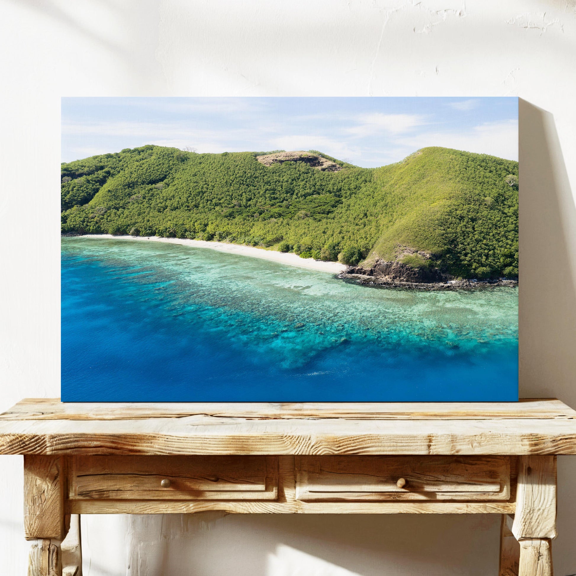 The rocky point at Manta Ray Island in Fiji printed on stretched canvas
