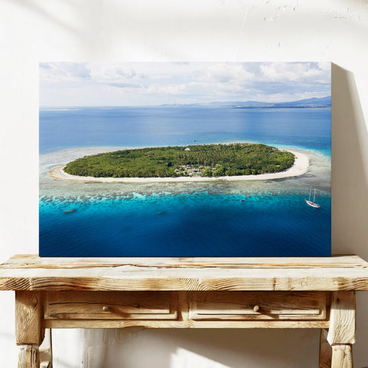 The whole of Serenity Island in Fiji from the air, printed on stretched canvas