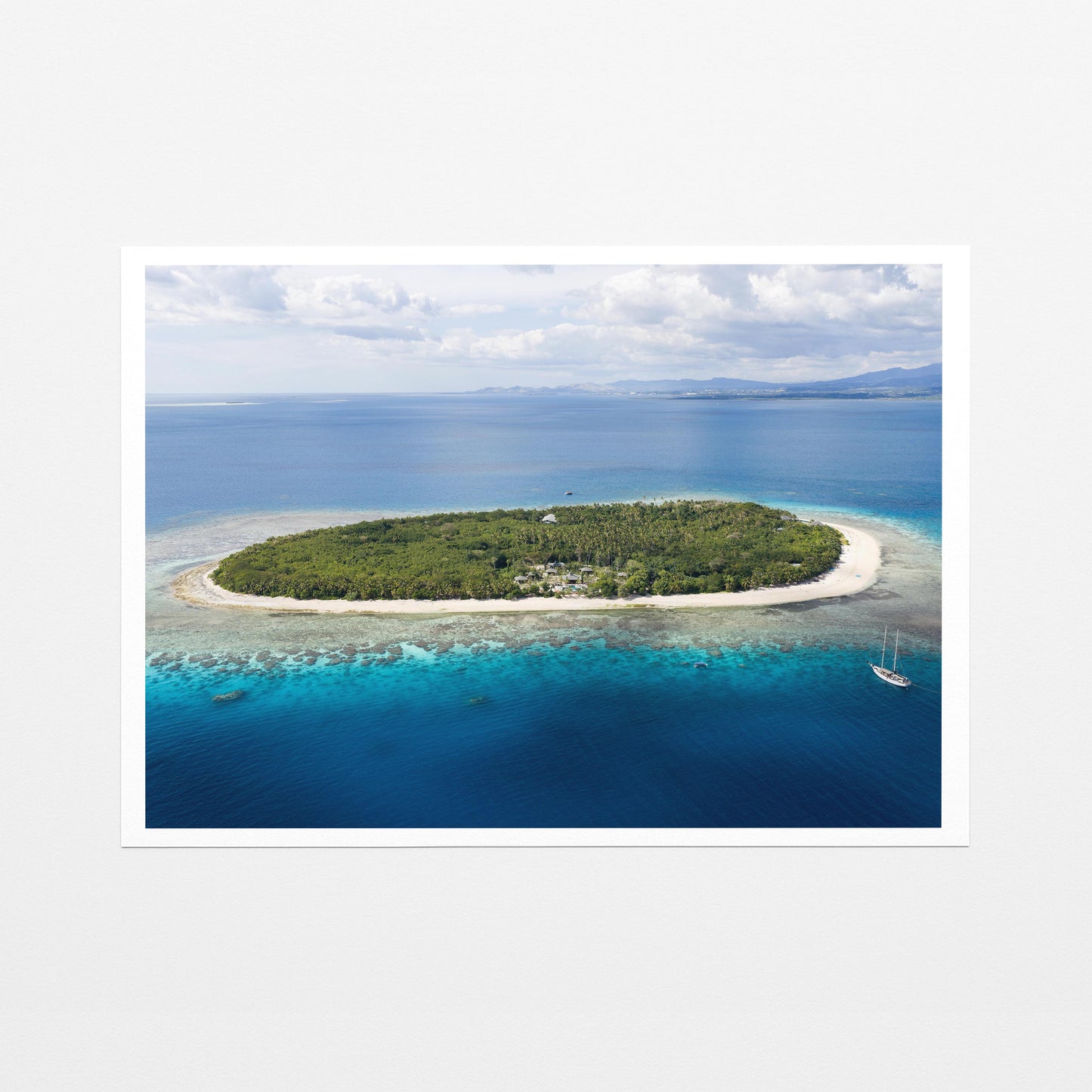 The whole of Serenity Island in Fiji from the air, on fine art paper