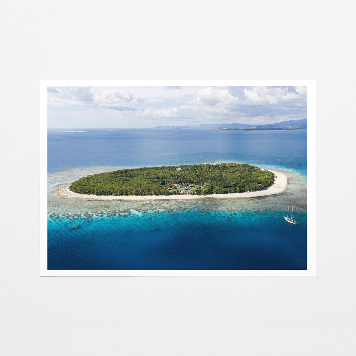 The whole of Serenity Island in Fiji from the air, on fine art paper