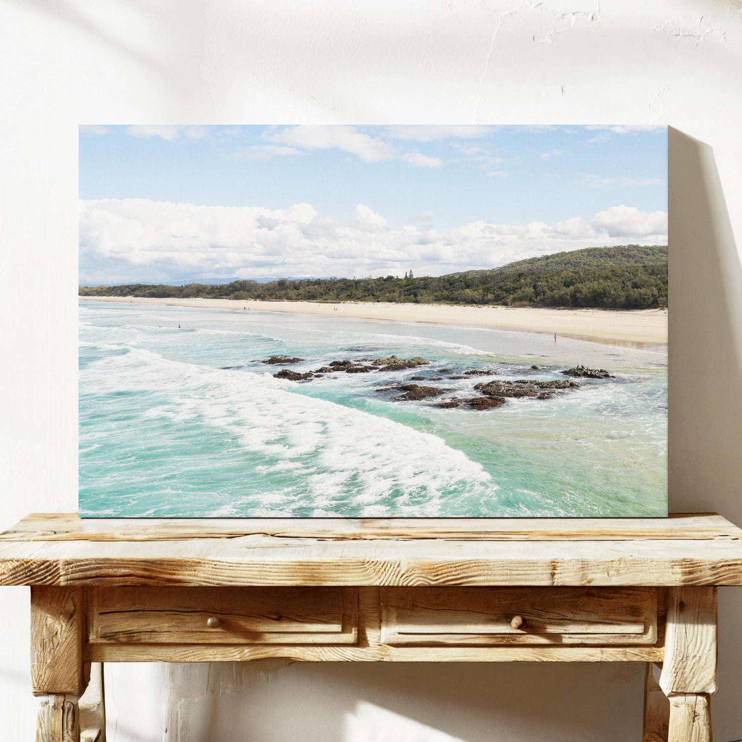 Aerial photograph of the reef shelf and beach at Hastings Point NSW, printed on stretched canvas