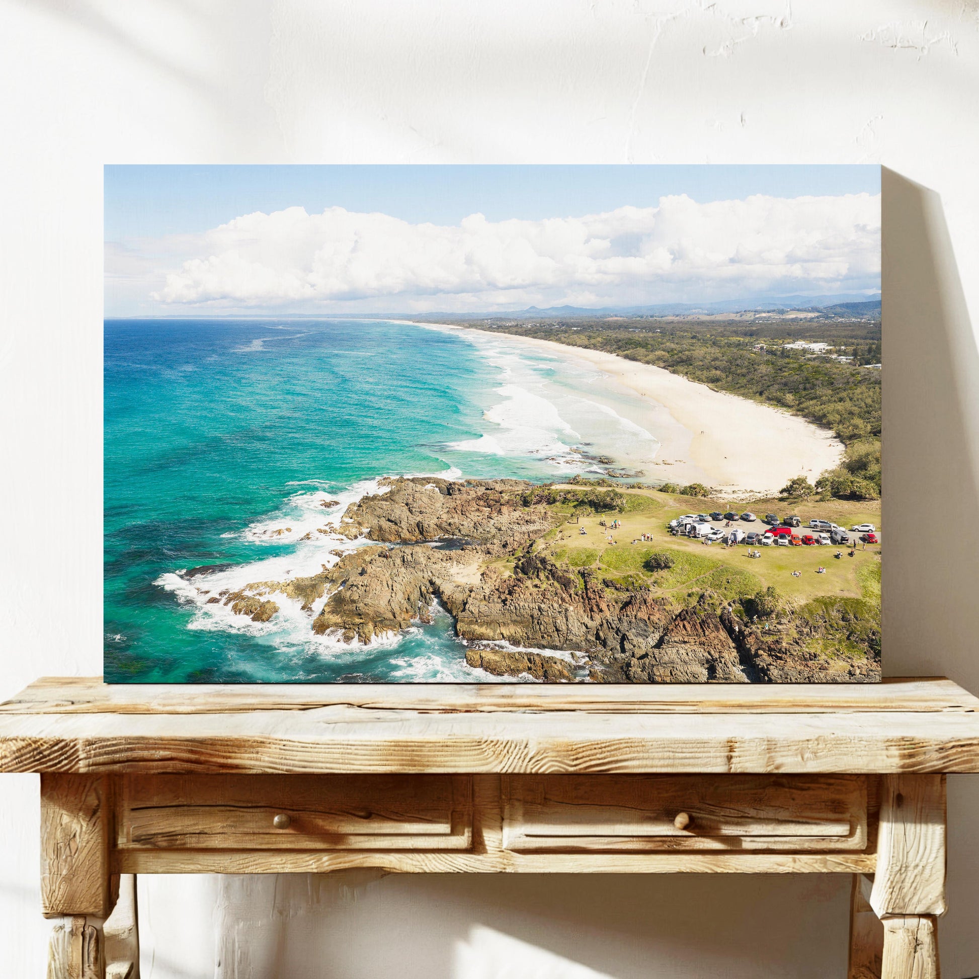Aerial photograph of the green headland above the rocks at Hastings Point NSW, printed on stretched canvas