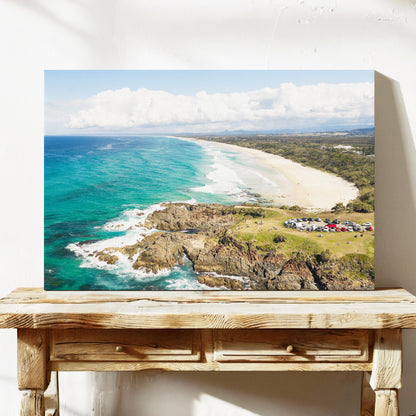 Aerial photograph of the green headland above the rocks at Hastings Point NSW, printed on stretched canvas