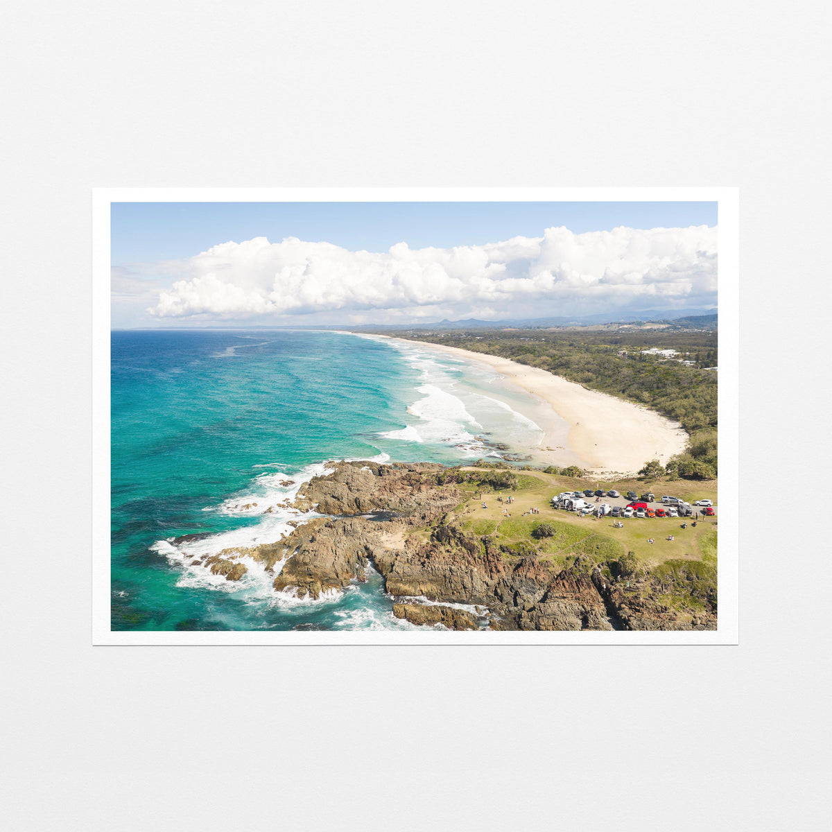 Aerial photograph of the green headland above the rocks at Hastings Point NSW as a fine art paper print