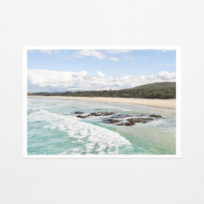 Aerial photograph of the reef shelf and beach at Hastings Point NSW as a fine art paper print