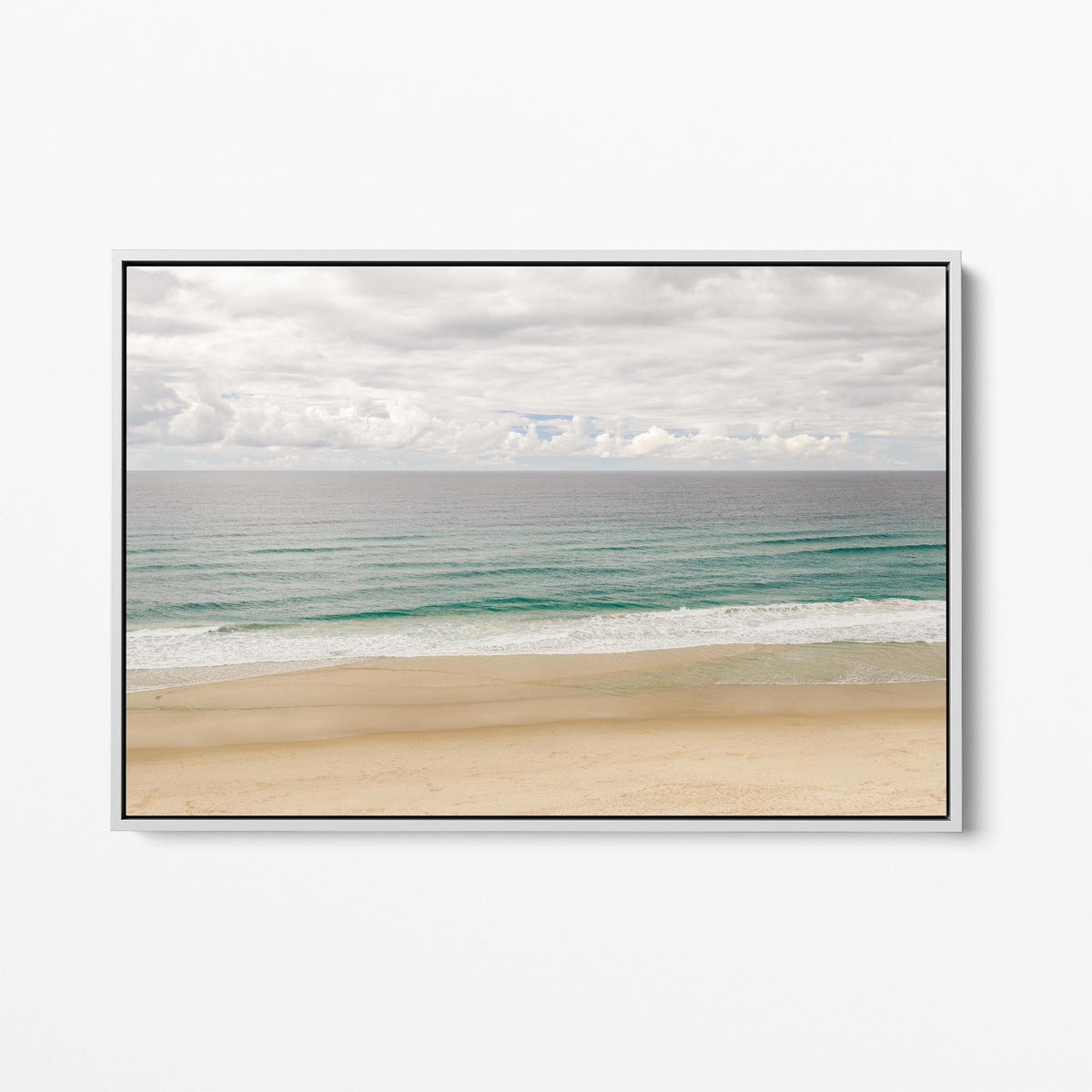 Maggies Beach Tweed Coast white framed canvas