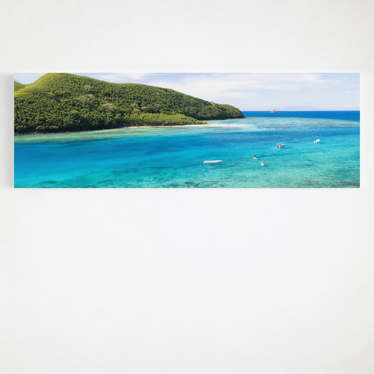 Manta Ray Island above its turquoise lagoon in Fiji panoramic canvas wall art