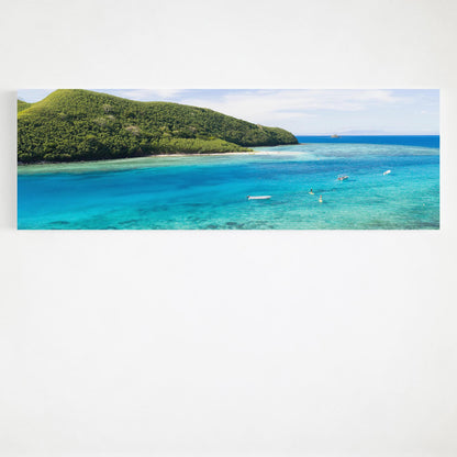 Manta Ray Island above its turquoise lagoon in Fiji panoramic canvas wall art