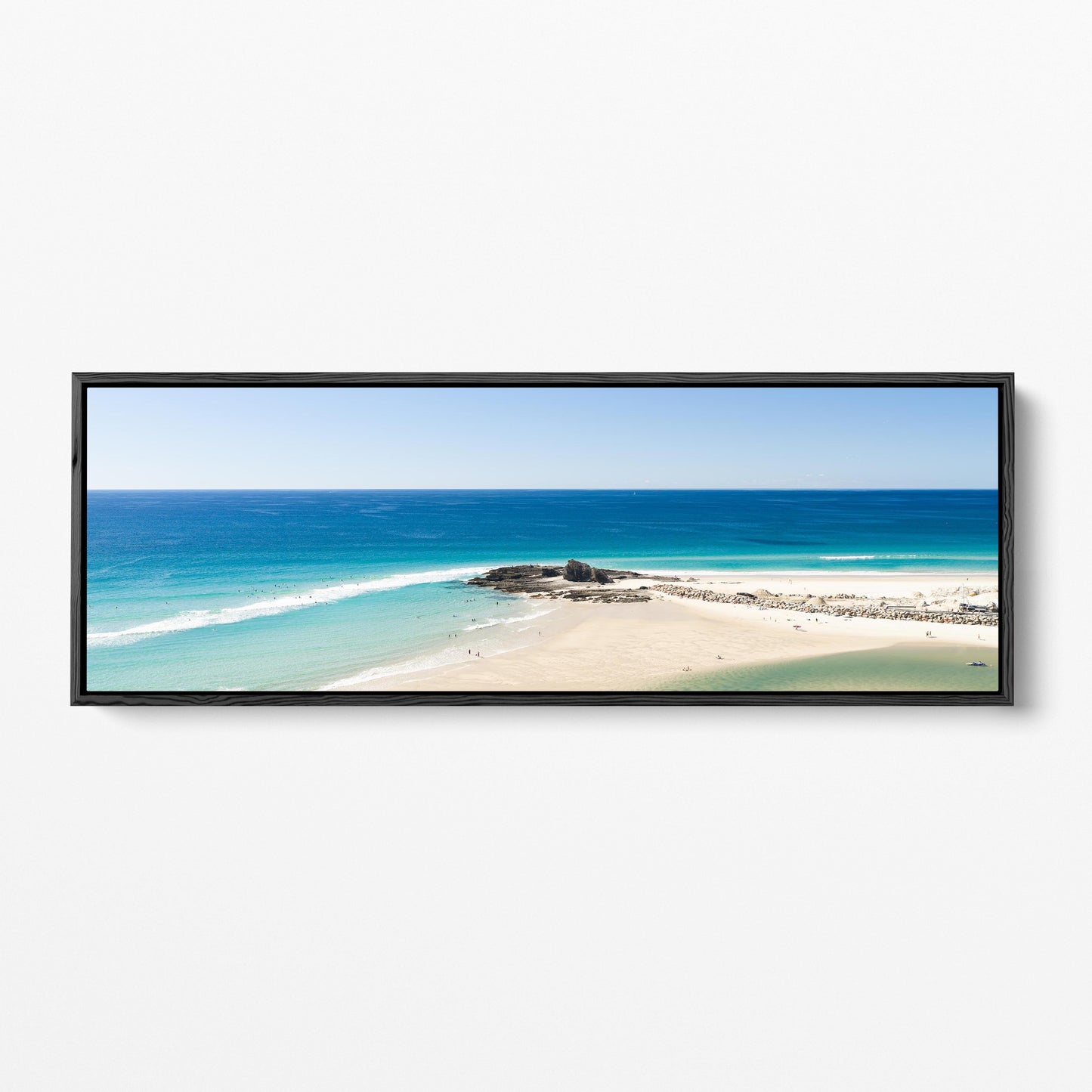 Palm Beach surfers reef panoramic black framed canvas