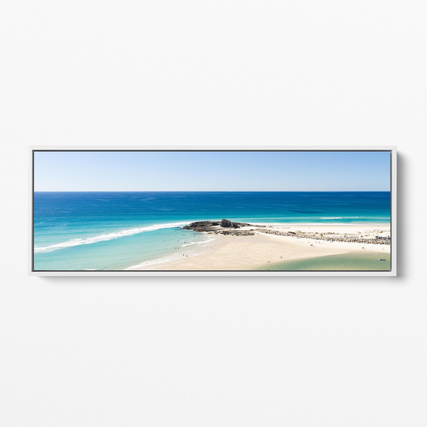Palm Beach surfers reef panoramic white framed canvas