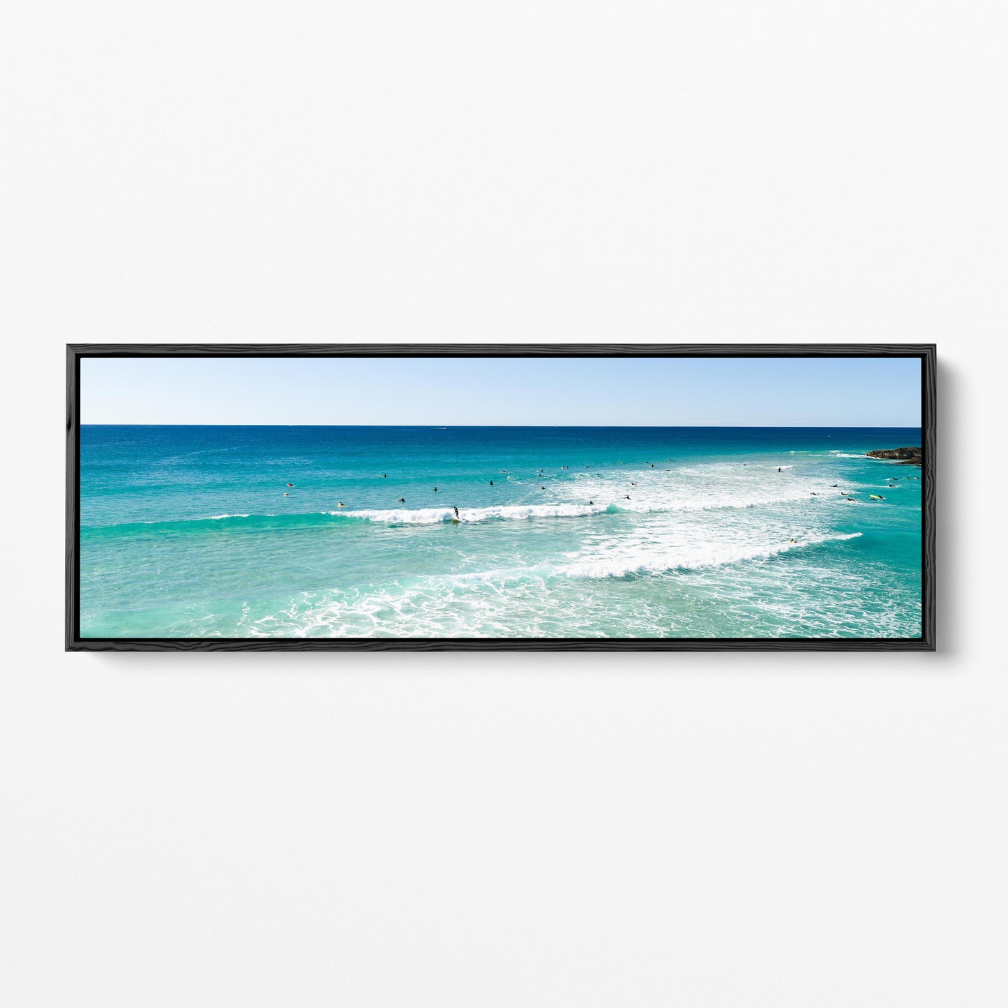 Palm Beach surfers lineup panoramic black framed canvas