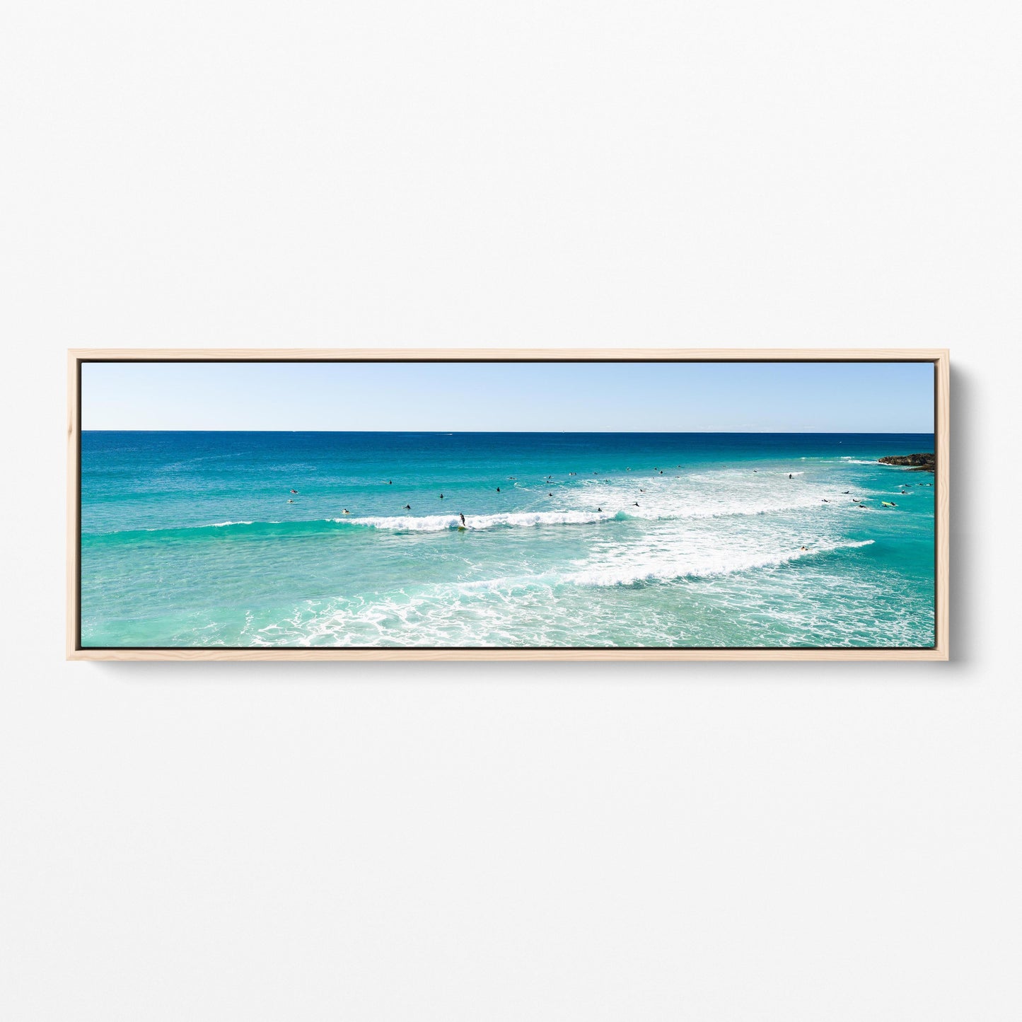 Palm Beach surfers lineup panoramic oak framed canvas