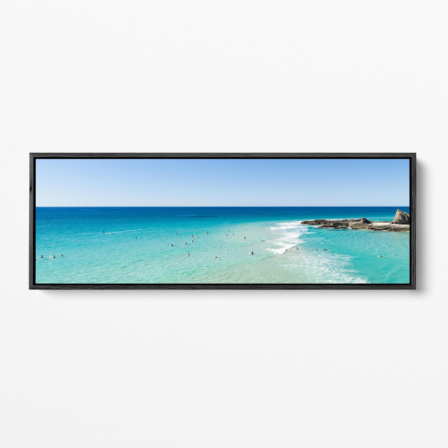 Palm Beach surfers point panoramic black framed canvas