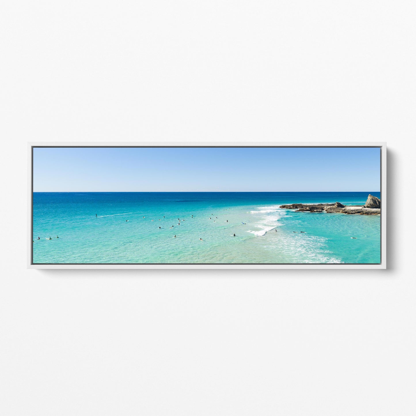 Palm Beach surfers point panoramic white framed canvas