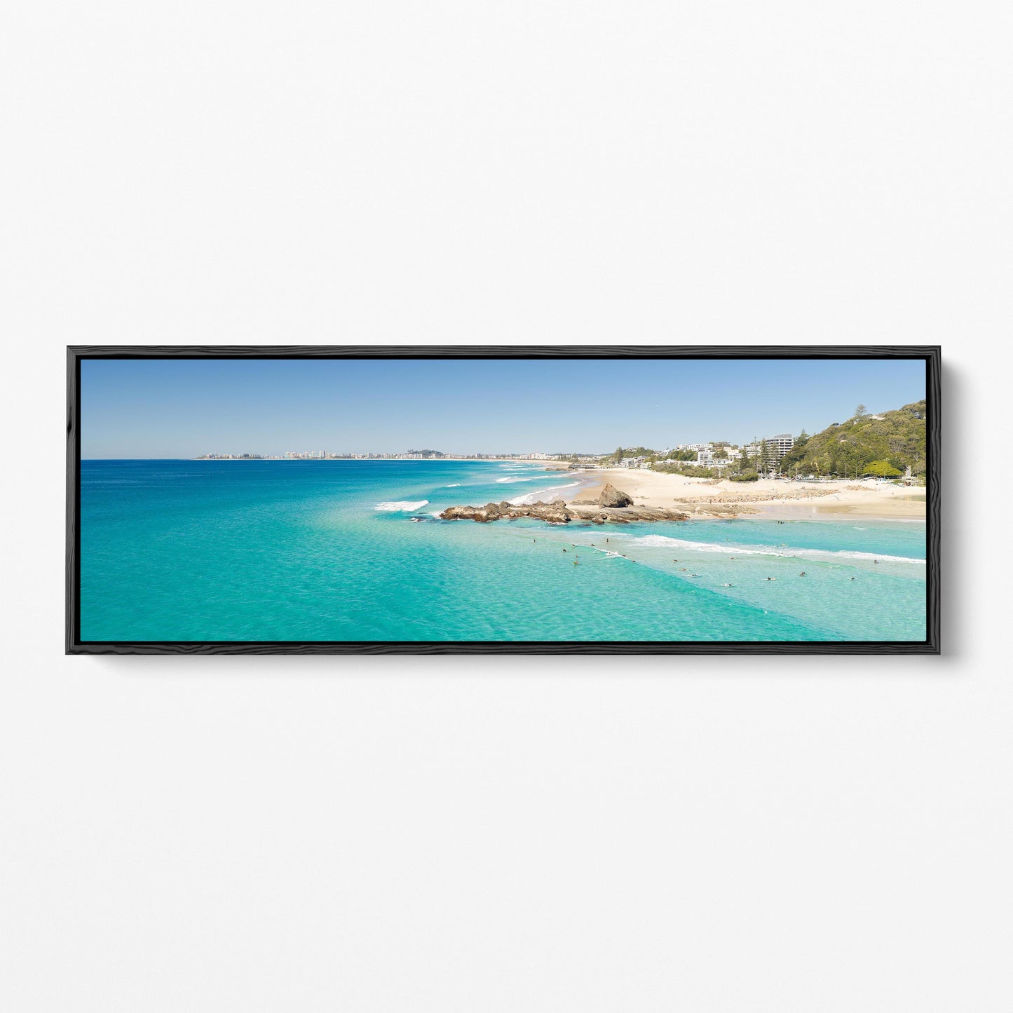 Palm Beach surfers rock shelf panoramic black framed canvas