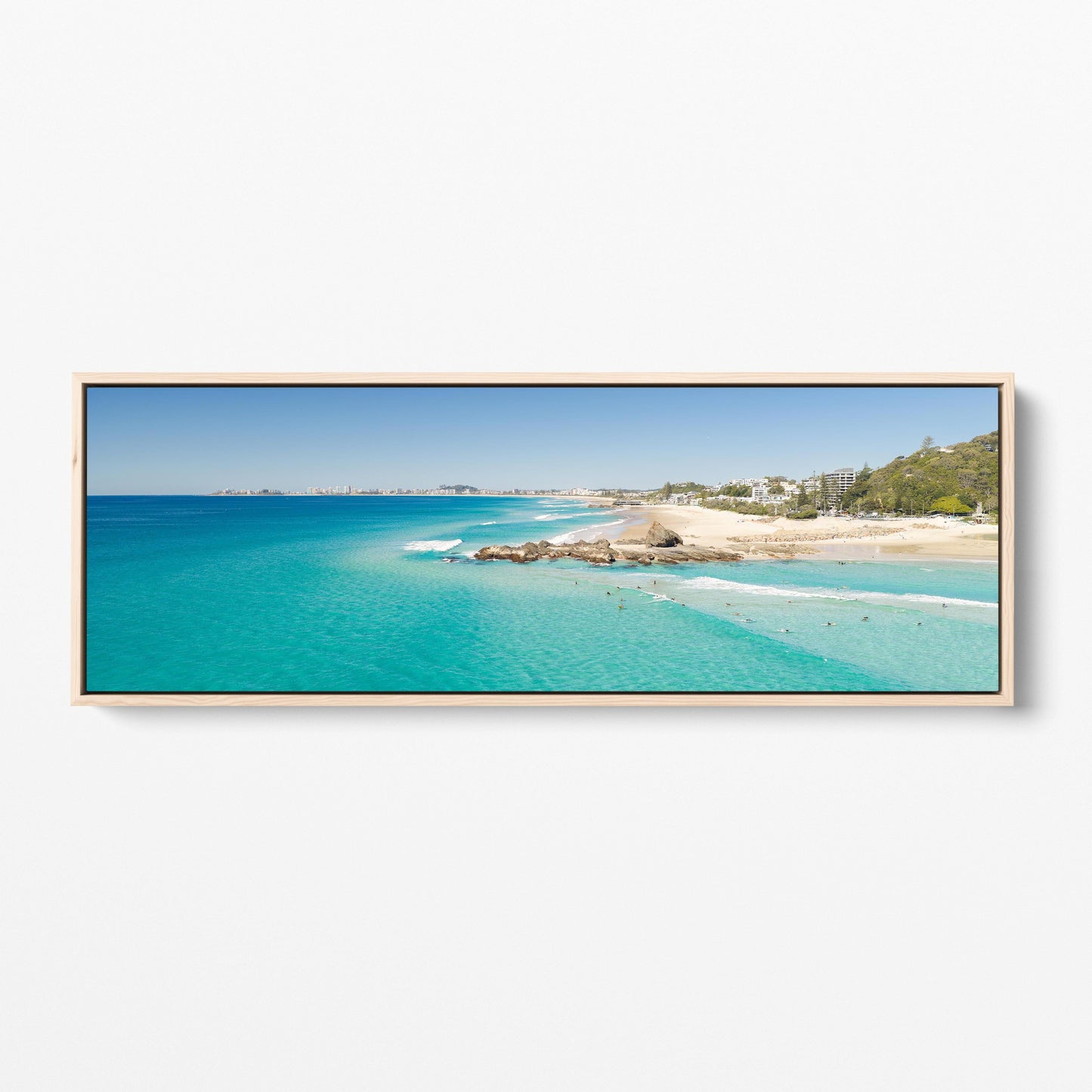Palm Beach surfers rock shelf panoramic oak framed canvas