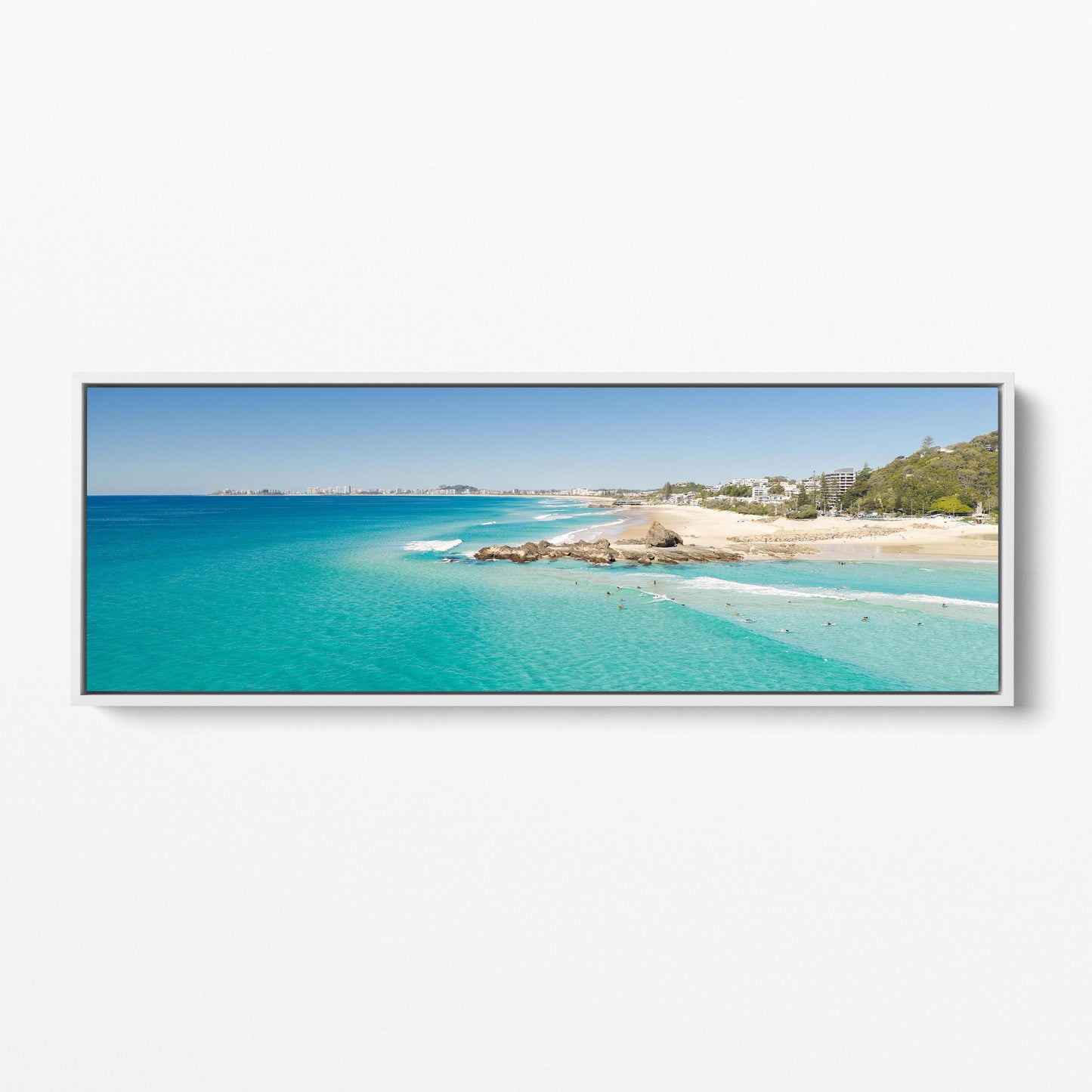 Palm Beach surfers rock shelf panoramic white framed canvas