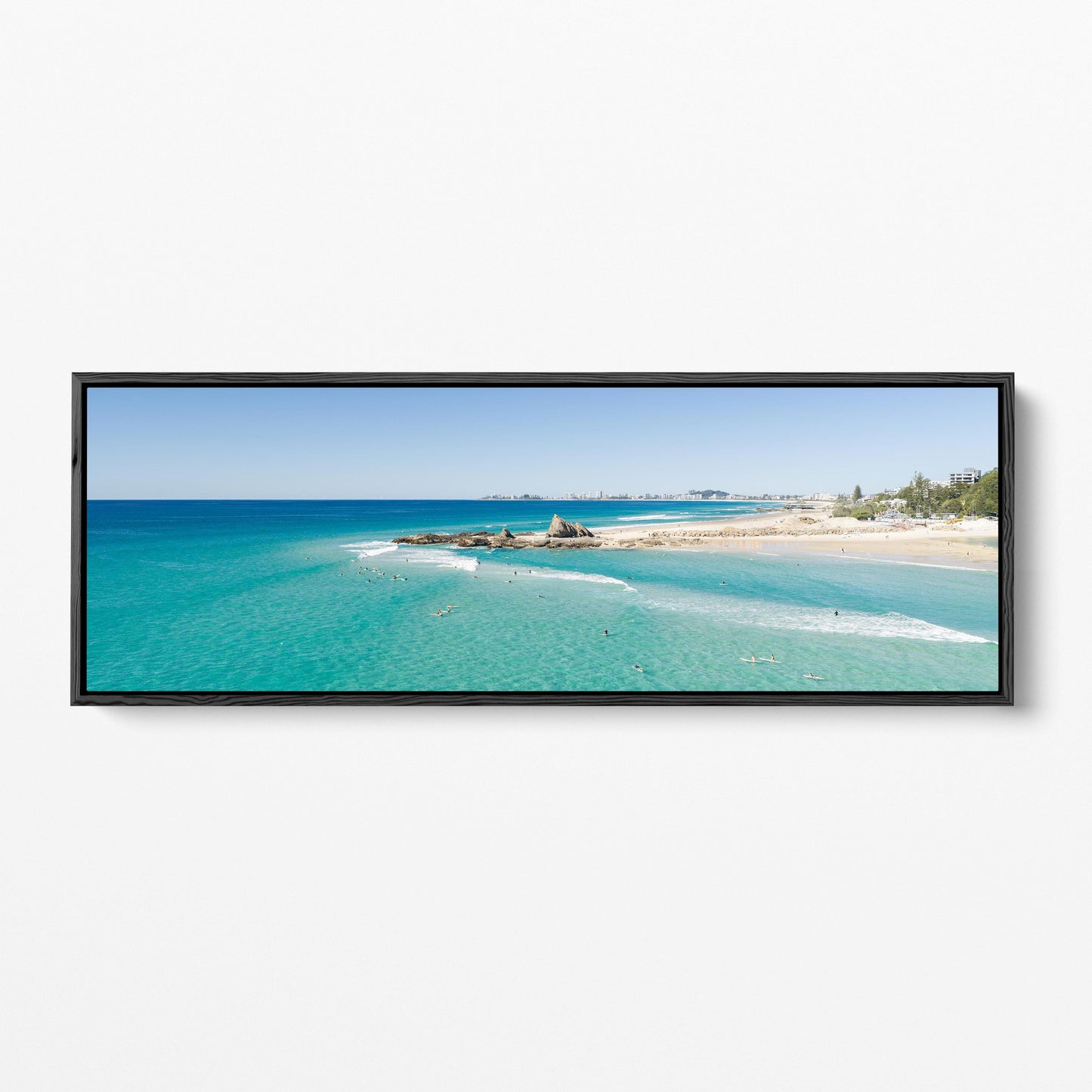 Palm Beach surfers skyline panoramic black framed canvas