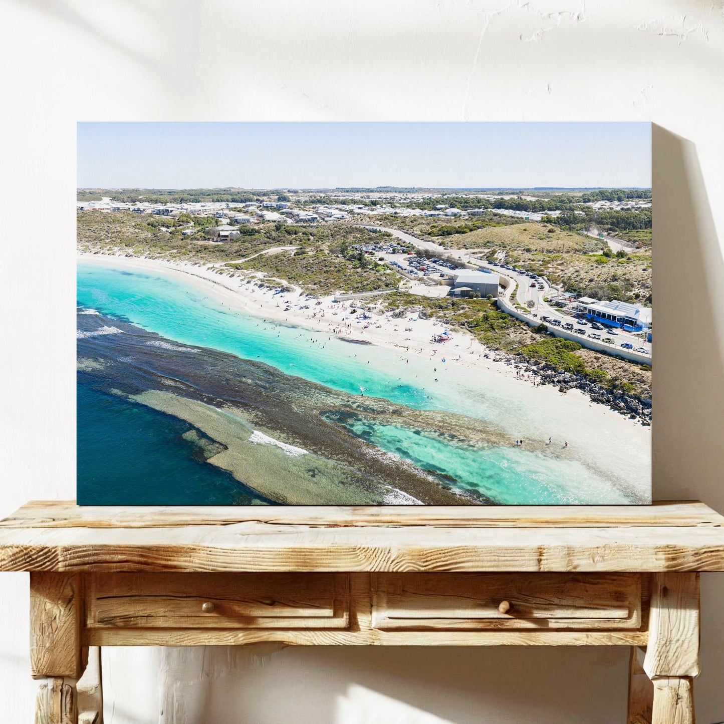 Yanchep Lagoon beach and the suburb behind it, printed on stretched canvas