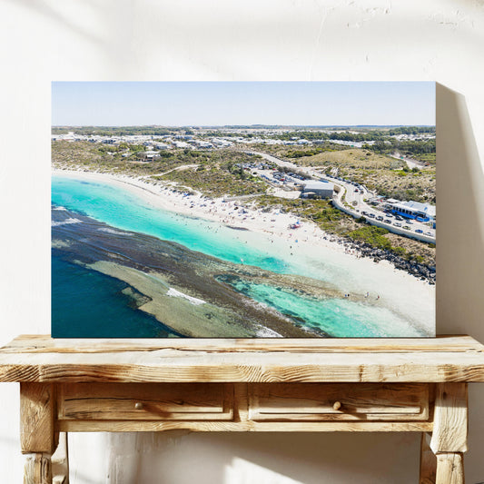 Yanchep Lagoon beach and the suburb behind it, printed on stretched canvas
