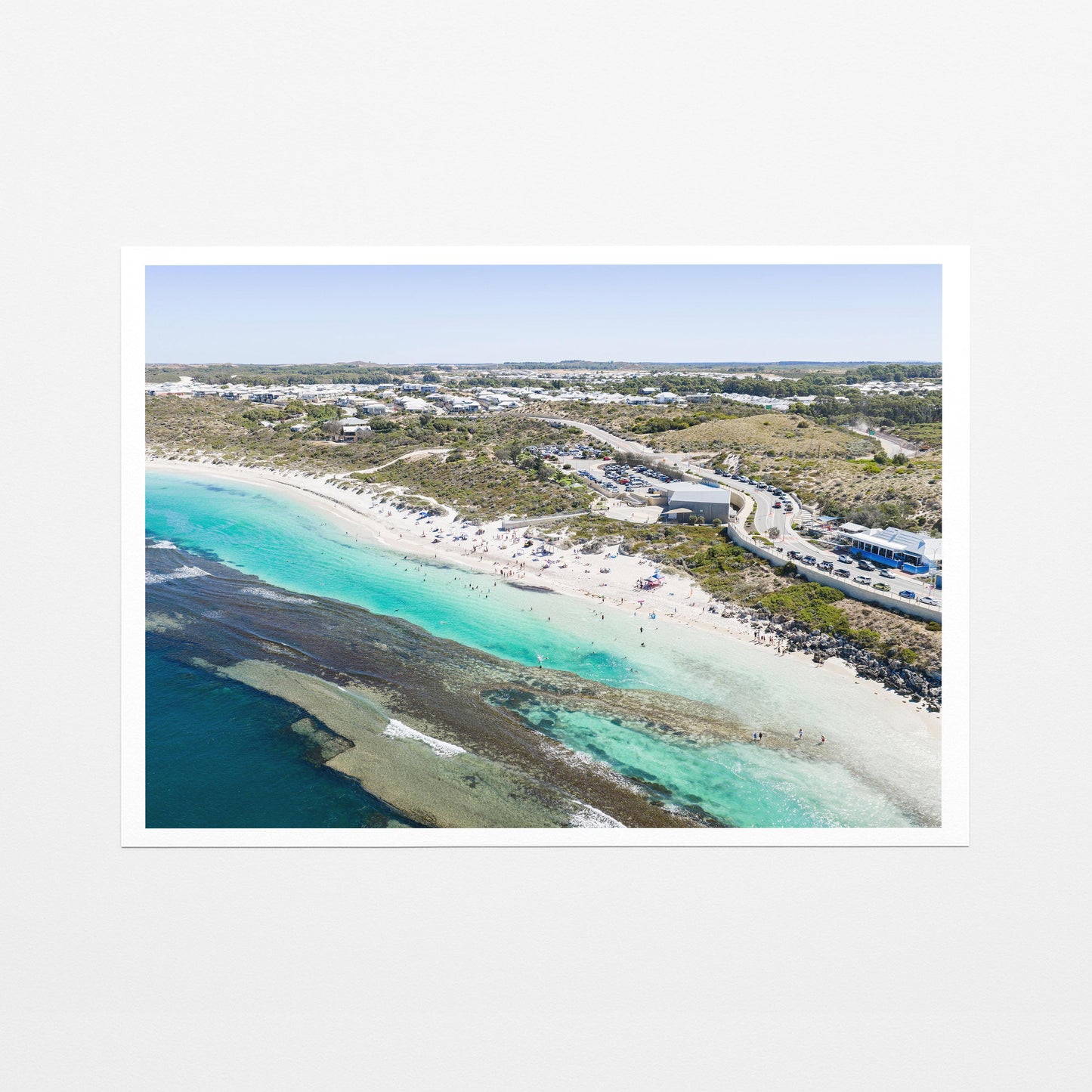 Yanchep Lagoon beach and the suburb behind it, printed on fine art paper with a white border