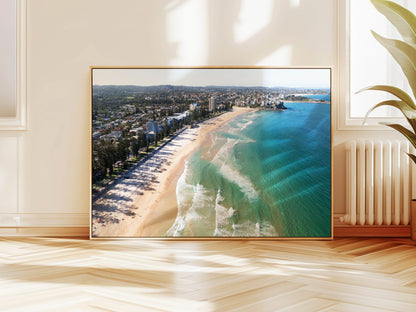 Aerial photograph of Manly Beach Sydney hanging on a wall