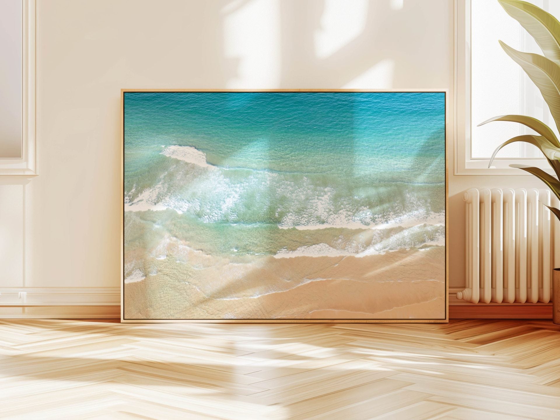 Aerial photograph of Manly Beach, Sydney hanging on a wall