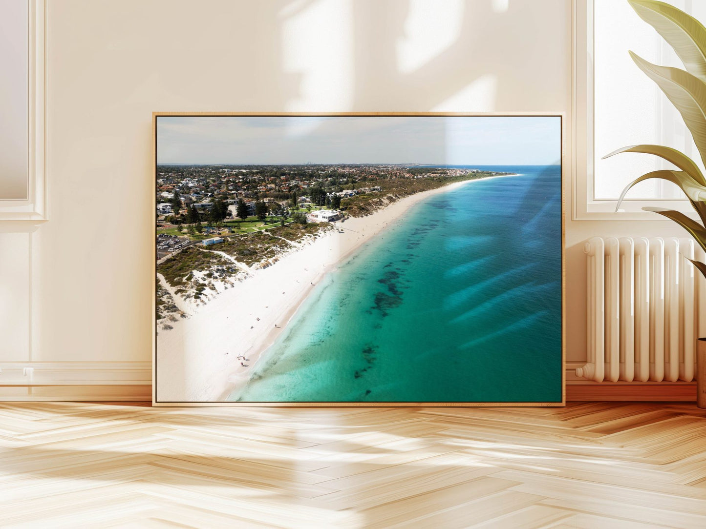 Aerial photograph of Mullaloo Beach Perth hanging on a wall