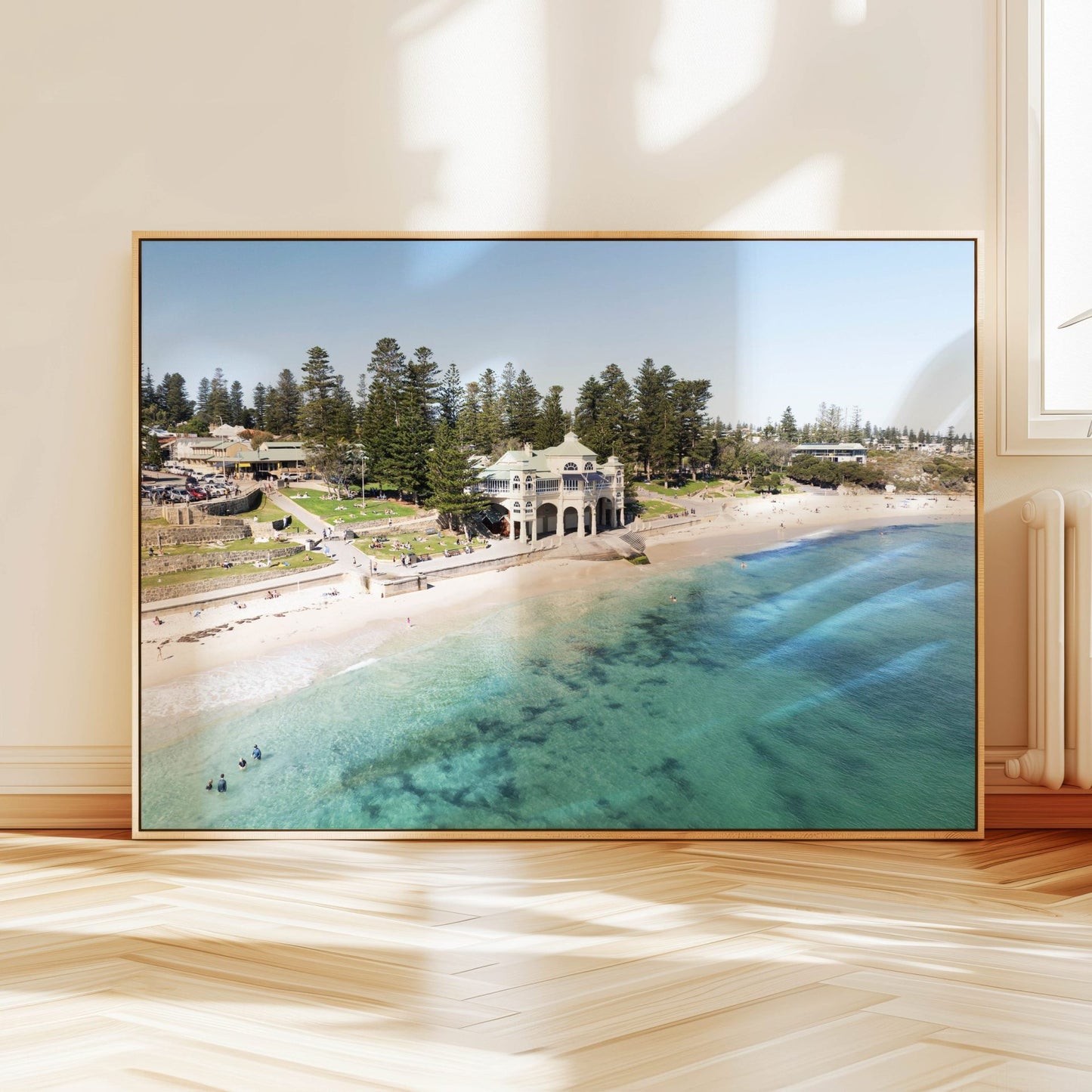 Aerial photograph of Cottesloe Beach Perth hanging on a wall